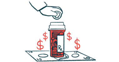 A hand drops a coin into a prescription bottle in this illustration of healthcare costs.