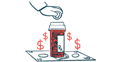 A hand drops a coin into a prescription bottle in this illustration of healthcare costs.