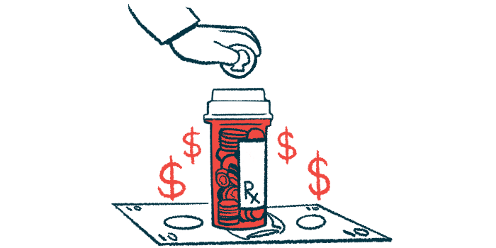 A hand drops a coin into a prescription bottle in this illustration of healthcare costs.