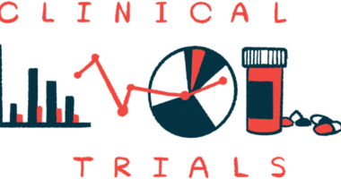 The word CLINICAL TRIALS frame a bar graph, a pie chart, and a bottle of pills.