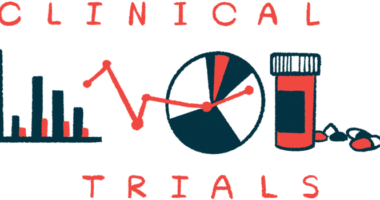 The word CLINICAL TRIALS frame a bar graph, a pie chart and a bottle of medicine.