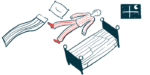 Illustration of person laying on the floor, alongside a bed, a pillow, and a blanket.