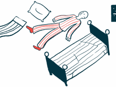 Illustration of person laying on the floor, alongside a bed, a pillow, and a blanket.