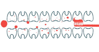 Illustration of toothbrush in between two rows of teeth.