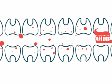 Illustration of toothbrush in between two rows of teeth.