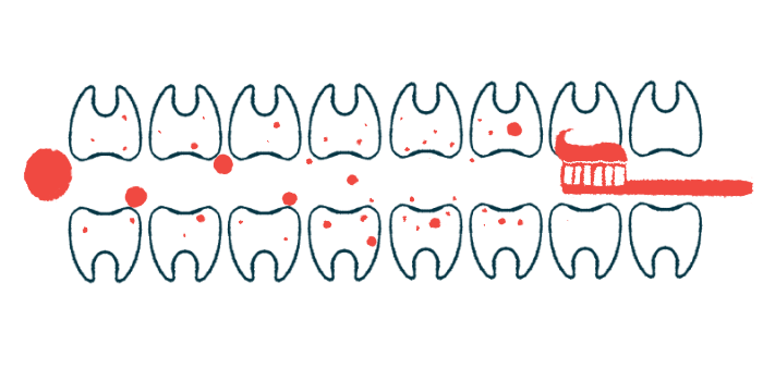 Illustration of toothbrush in between two rows of teeth.