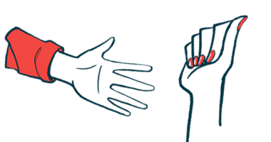 An illustration showing two hands, one extended and open, the other with fingers touching the palm.