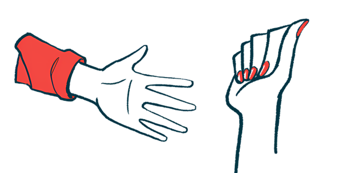 An illustration showing two hands, one extended and open, the other with fingers touching the palm.