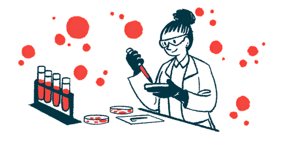 A scientist uses a dropper and a petri dish in a lab, alongside a rack with four filled vials.