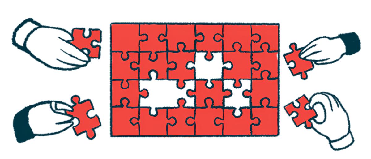 A jigsaw puzzle is shown that is being worked on by many people, illustrating a collaborative effort.