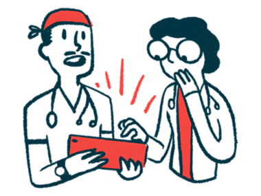 Two doctors are shown reacting to data being shown on a tablet.