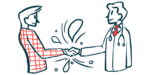 A man in a plaid jacket shakes hands with a clinician.