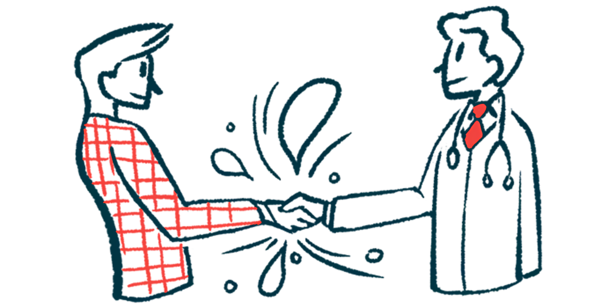 A man in a plaid jacket shakes hands with a clinician.