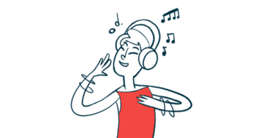 A woman wearing headphones is shown surrounded by music notes.