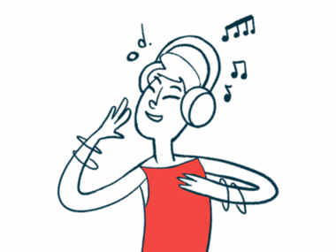 A woman wearing headphones is shown surrounded by music notes.