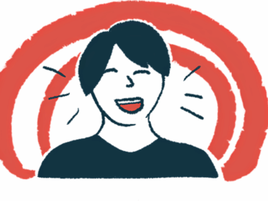 A close-up illustration shows a person laughing.
