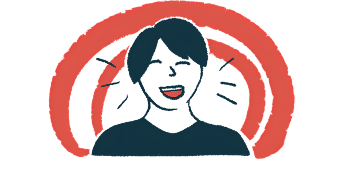 A close-up illustration shows a person laughing.