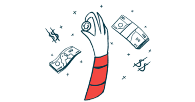 A hand holds up a coin amid a backdrop of dollar signs and packets of money.