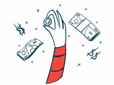 A hand holds up a coin amid a backdrop of dollar signs and packets of money.