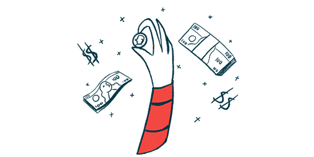 A hand holds up a coin amid a backdrop of dollar signs and packets of money.