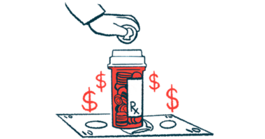 A hand drops a coin into the top of a medicine bottle that's sitting on a $10 bill.