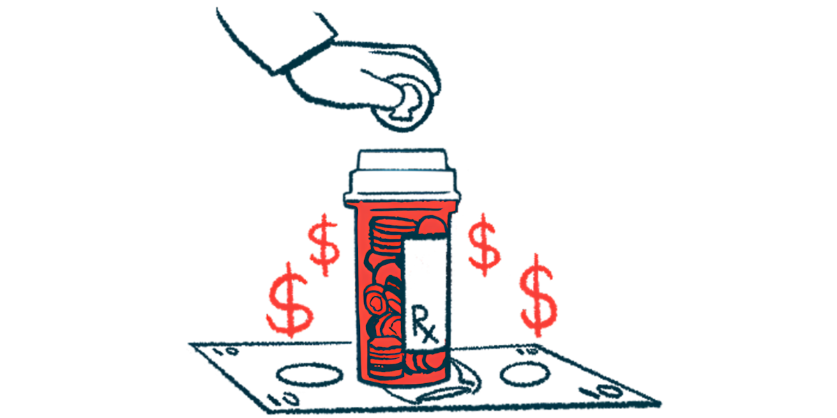 A hand drops a coin into the top of a medicine bottle that's sitting on a $10 bill.