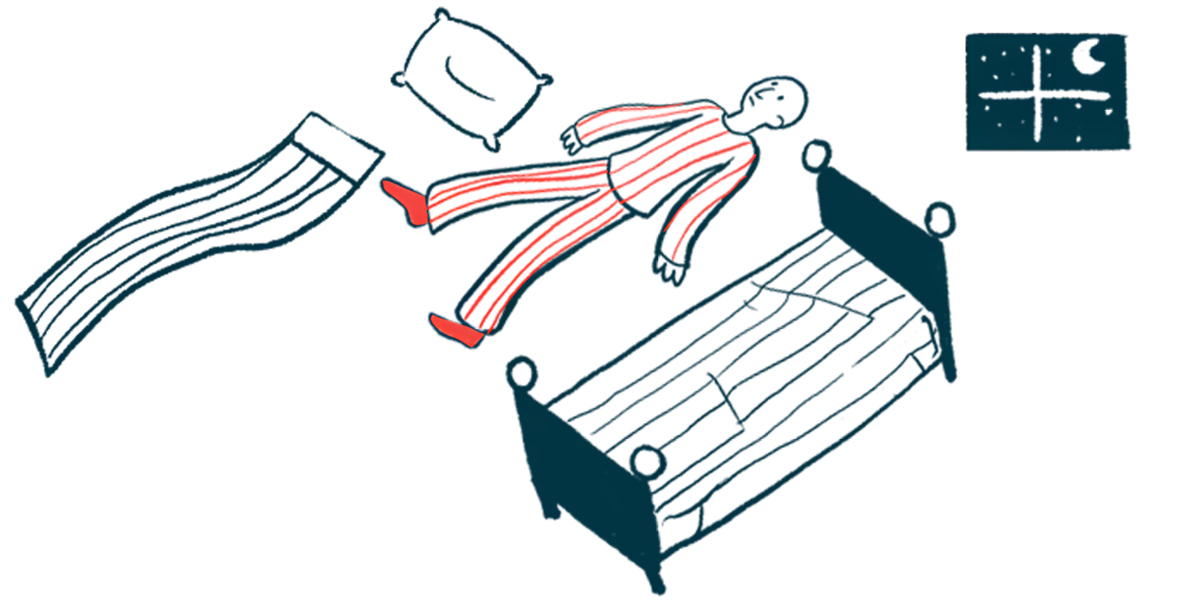 An illustration of troubled sleep, with a man lying on the floor alongside a bed, and a pillow and blanket.