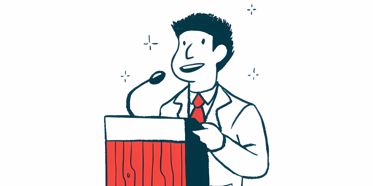 Illustration of person speaking behind a podium.