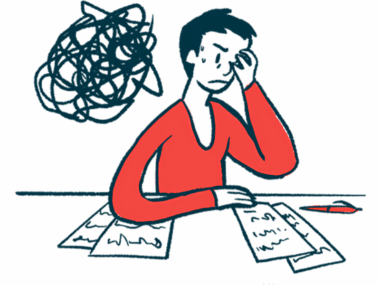 A black stress cloud hangs beside the head of a person seated at a table and looking at paperwork.