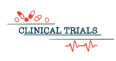 An illustration showing the words Clinical Trials with pills seen above and a heart rate monitor graph below.