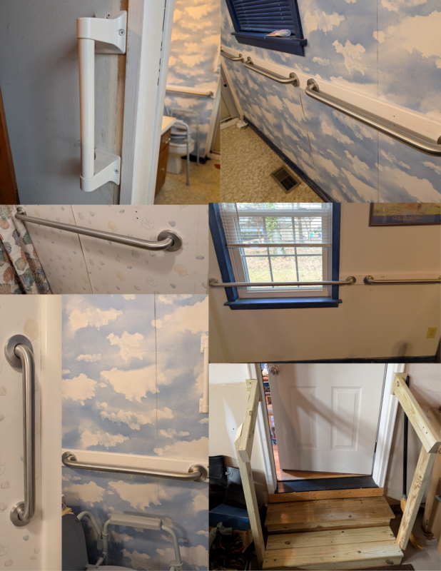 A collage/photo stitch of several photos showing home modifications, including grab bars in a bathroom and wooden hand railings on steps leading from a door. The bathroom walls are decorated with white, fluffy clouds across a light blue sky.