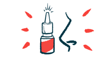 An illustration showing a nasal spray bottle and a person's nose in profile.