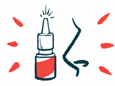 An illustration showing a nasal spray bottle and a person's nose in profile.
