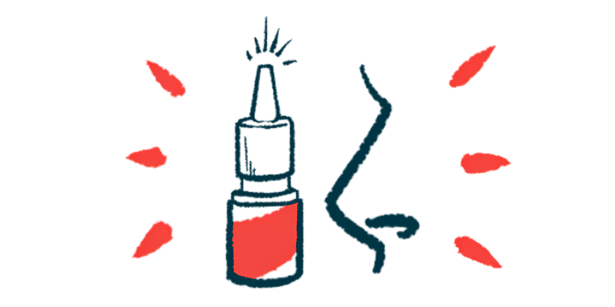 An illustration showing a nasal spray bottle and a person's nose in profile.