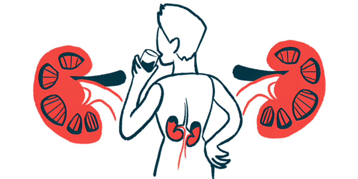 A person drinking from a cup is shown from the back, with kidneys highlighted.