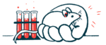 A mouse sits in the palm of a person's hand, next to a rack of filled test tubes.