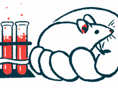 A mouse sits in the palm of a person's hand, next to a rack of filled test tubes.