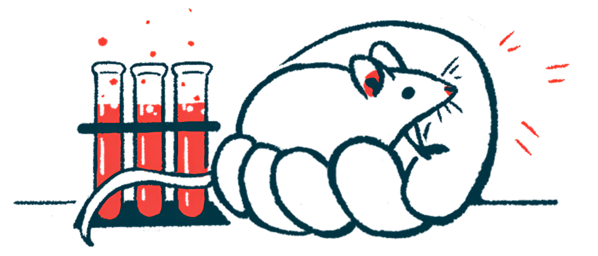 A mouse sits in the palm of an oversized human hand, pictured alongside a rack of filled test tubes.