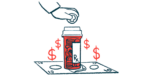 A hand is about to drop a coin through the lid of a prescription medication bottle sitting atop a stack of bills and surrounded by dollar signs.