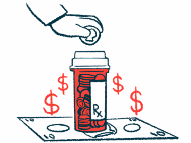 A hand is about to drop a coin through the lid of a prescription medication bottle sitting atop a stack of bills and surrounded by dollar signs.