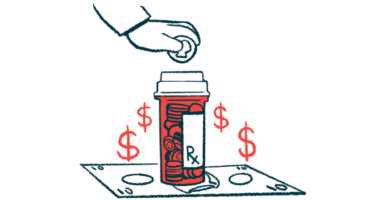 An illustration of a hand depositing money into a prescription medicine container surrounded by images of dollar signs.