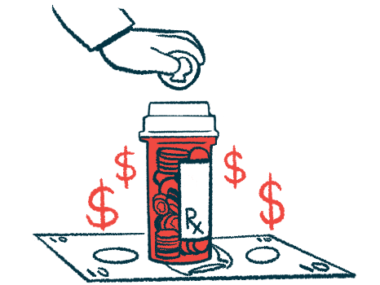 An illustration of a hand depositing money into a prescription medicine container surrounded by images of dollar signs.