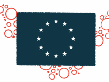 The flag of the European Union (EU) is superimposed on a backdrop of red bubbles.