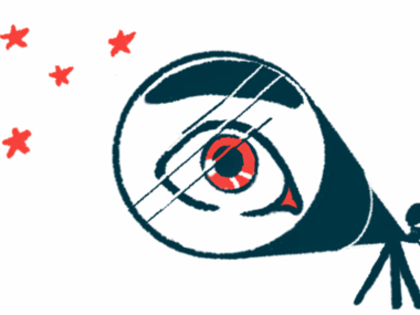 The eye of a person using a gigantic telescope to look at the stars is highlighted in its lens.