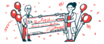 Two researchers each hold one end of a giant check.