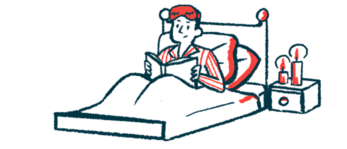 A man sits up in bed reading with a bemused look on his face.