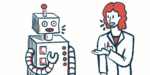 A clinician converses with a robot.
