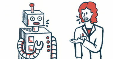 A clinician converses with a robot.