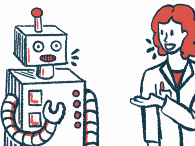 A clinician converses with a robot.