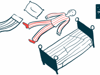 An illustration of troubled sleep shows a man lying on the floor alongside a bed, with a pillow and blanket nearby.